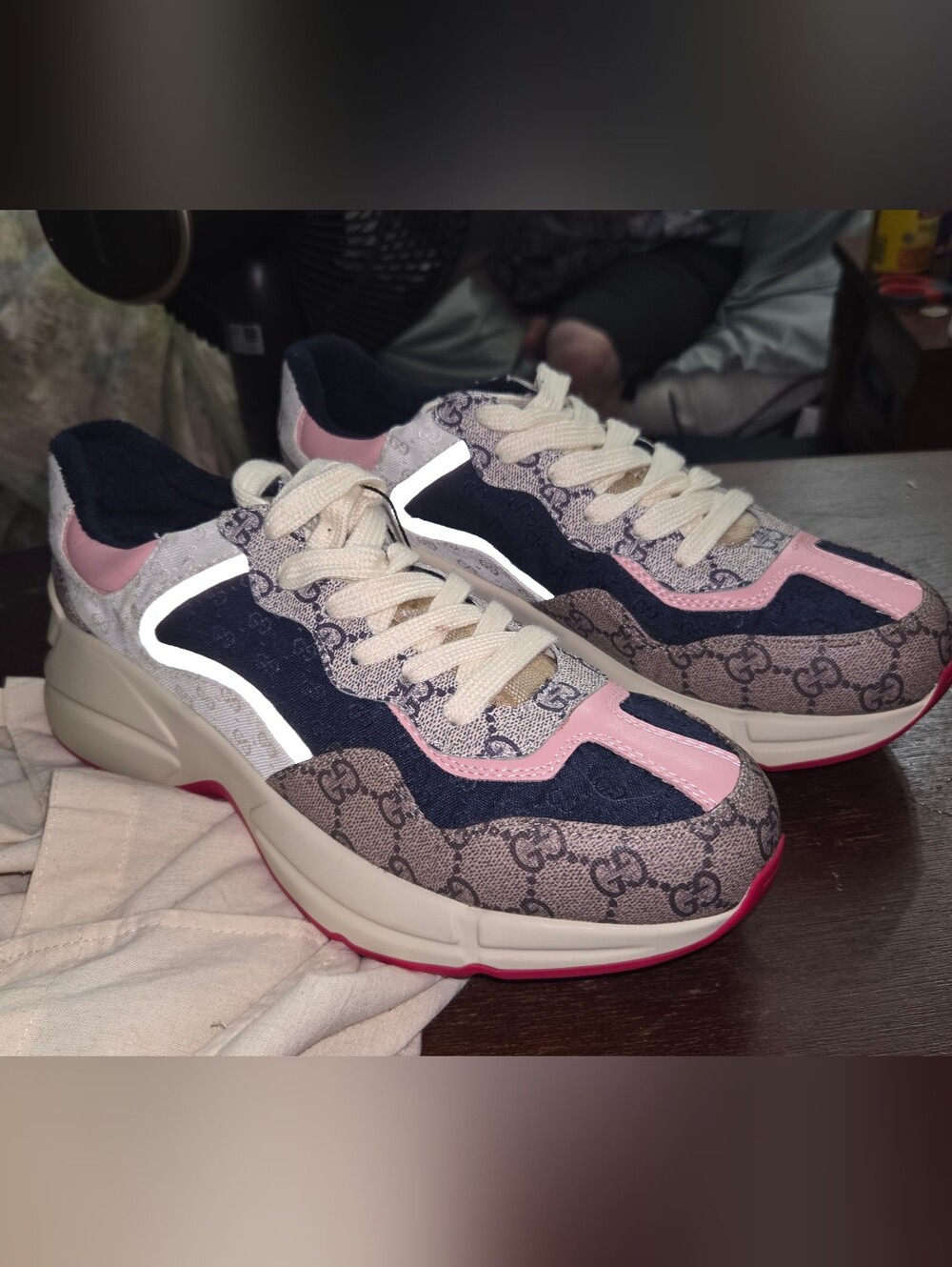 Gucci Pink, Navy & Beige GG Canvas Rhyton Sneakers